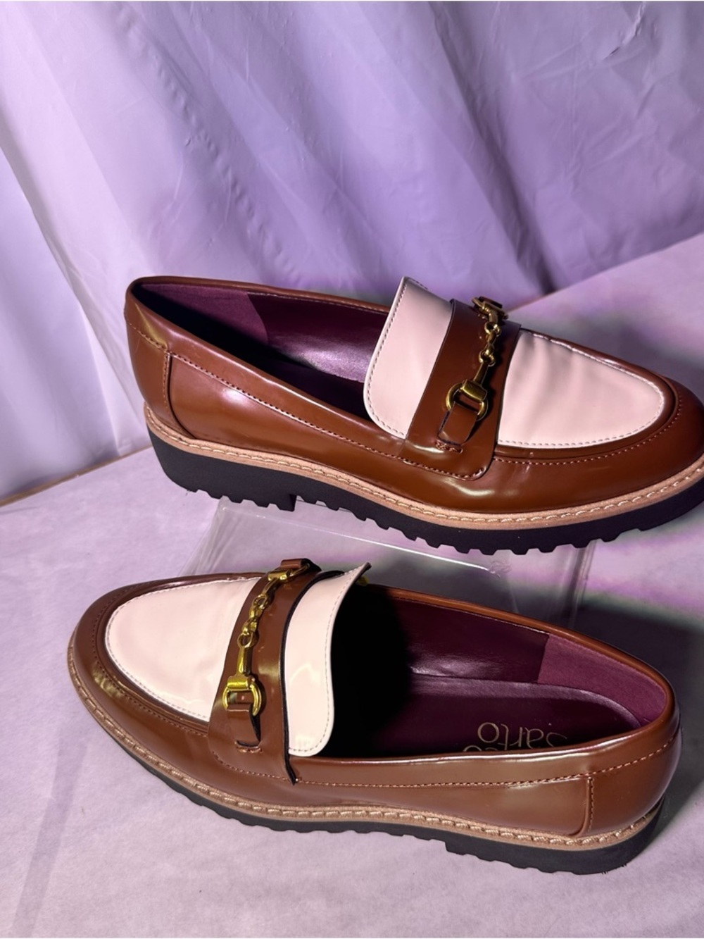 Franco Sarto Brown and Cream Leather Two-Tone Loafer with Gold Chain - Picture 3 of 9